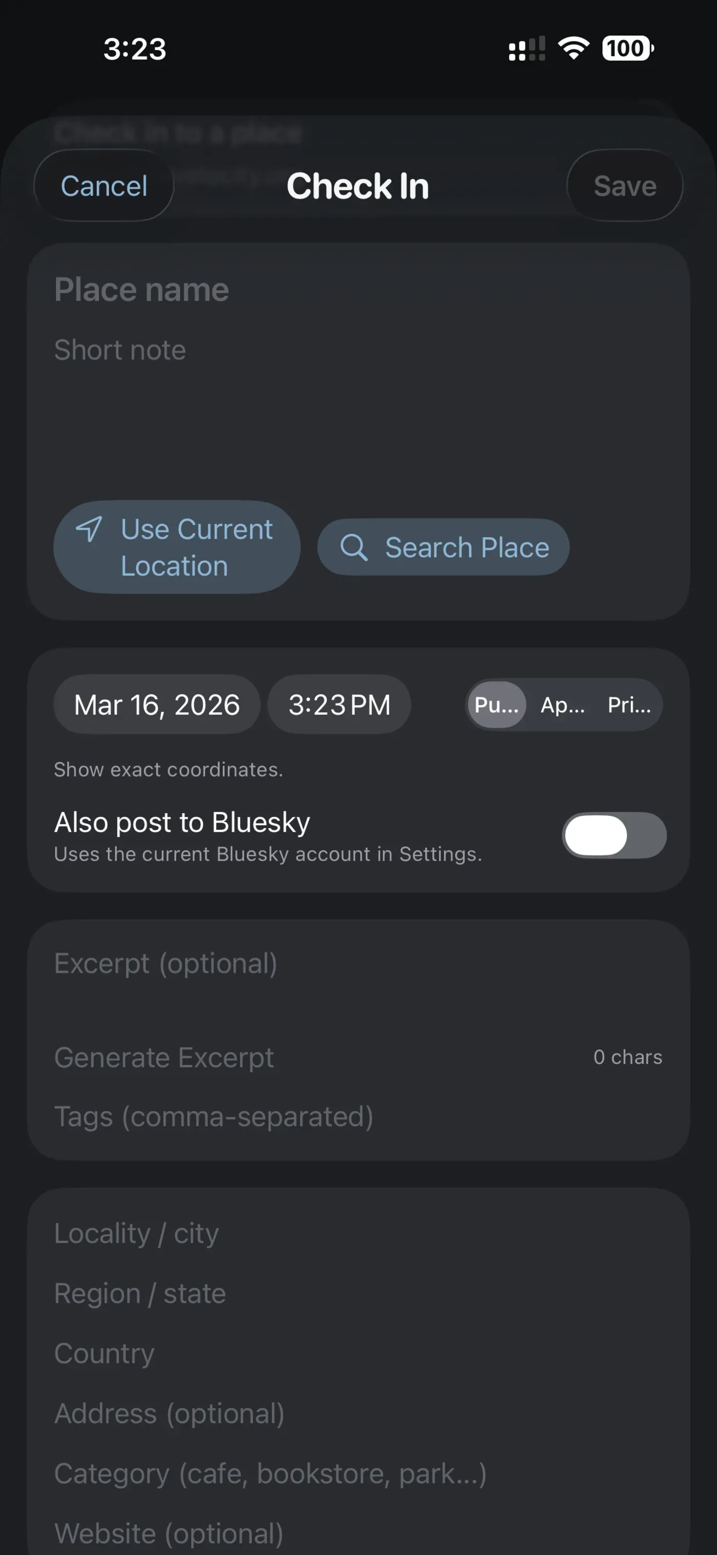 A mobile app interface displays a check-in feature with options to set a location, date, time, and post to Bluesky.