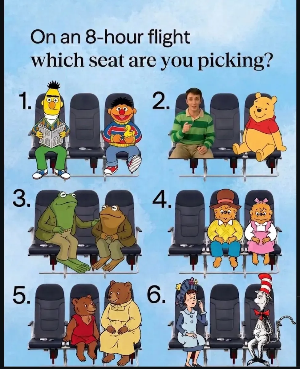 A meme showing six sets of three airplane seats under the caption, "On an 8-hour flight which seat are you picking?" Each row has one empty middle seat between two fictional characters. Option 1: Bert and Ernie. Option 2: Steve from Blue's Clues and Winnie the Pooh. Option 3: Frog and Toad. Option 4: Brother Bear and Sister Bear from The Berenstain Bears. Option 5: Mama Bear and Small Bear from The Berenstain Bears. Option 6: Amelia Bedilia and the Cat in the Hat. The image invites viewers to choose which pair of characters they would sit between on a long flight.