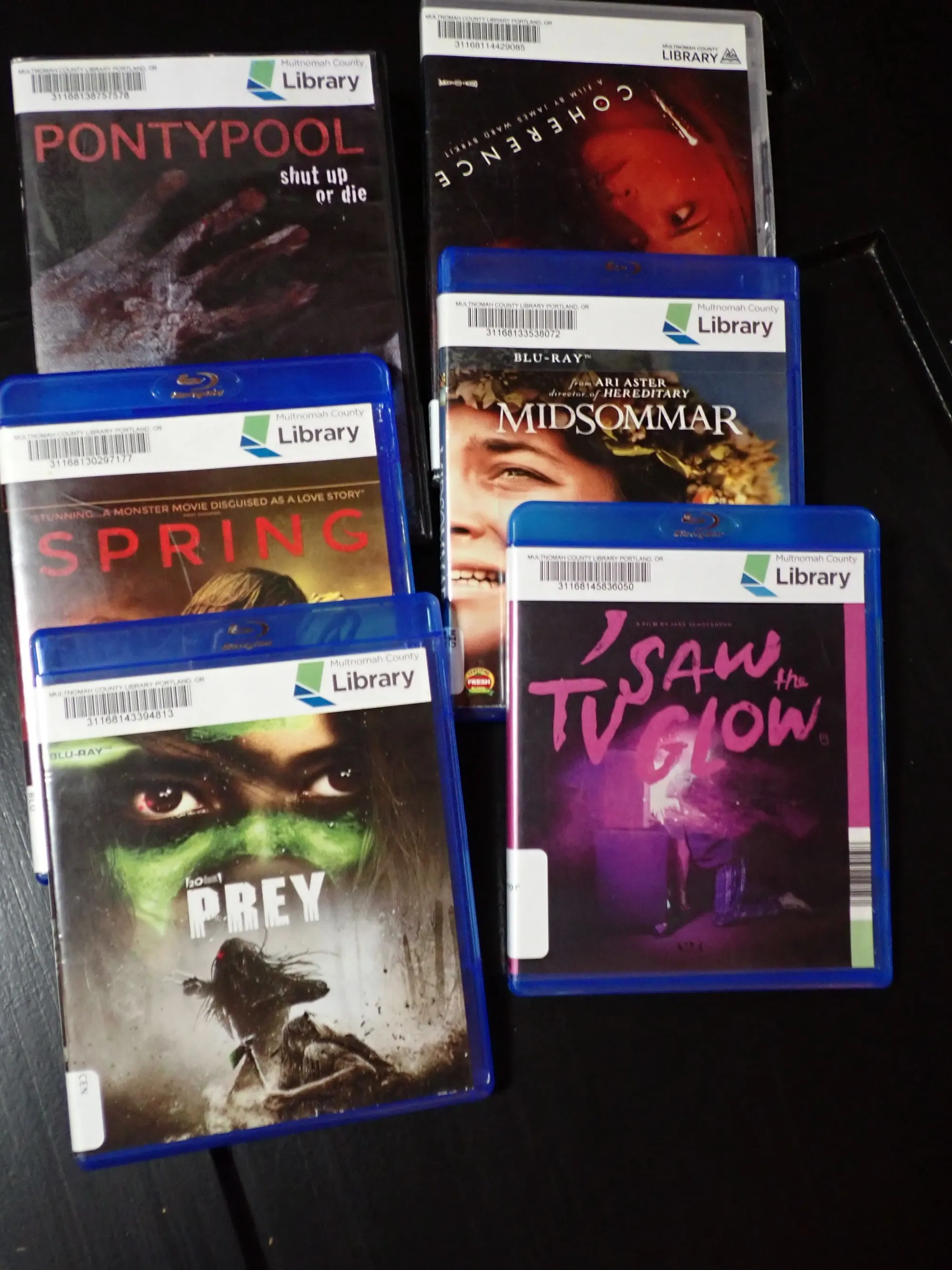 Multnomah Library DVDs and BluRays, mostly horror, all kick ass